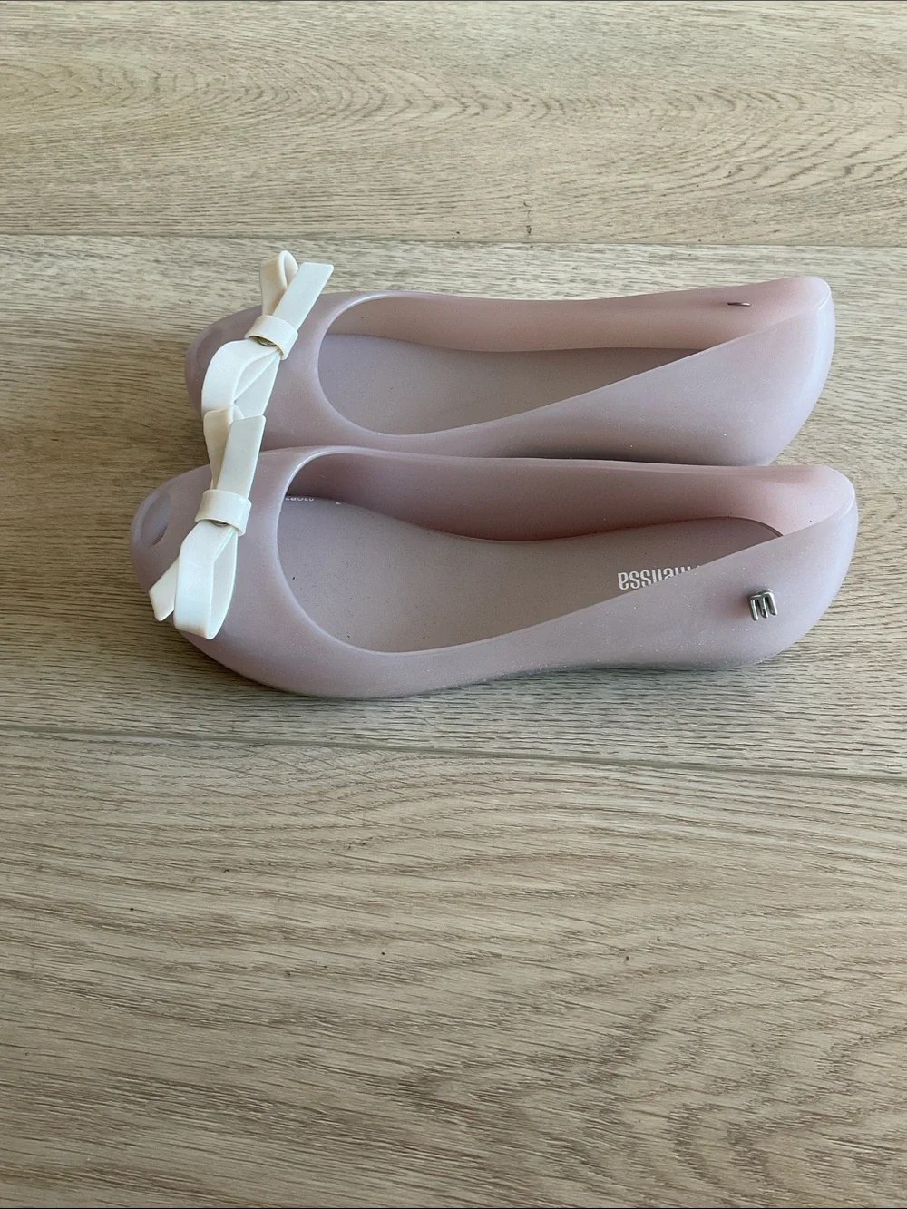 Mini Melissa Tan Sparkle Bow Peep-Toe Flats